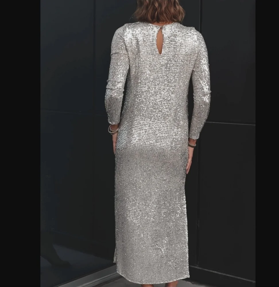 SHOW ME YOUR MUMU maddison
dress in platinum Silver Sequin Long Sleeve Gown Slit - Picture 9 of 14